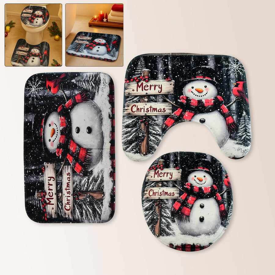 Christmas Bathroom Mat Set – Soft Snowman 3-Piece Décor