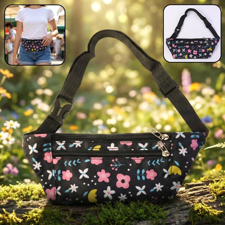 Floral Print Waist Bag – Adjustable Strap with Zipper Pockets