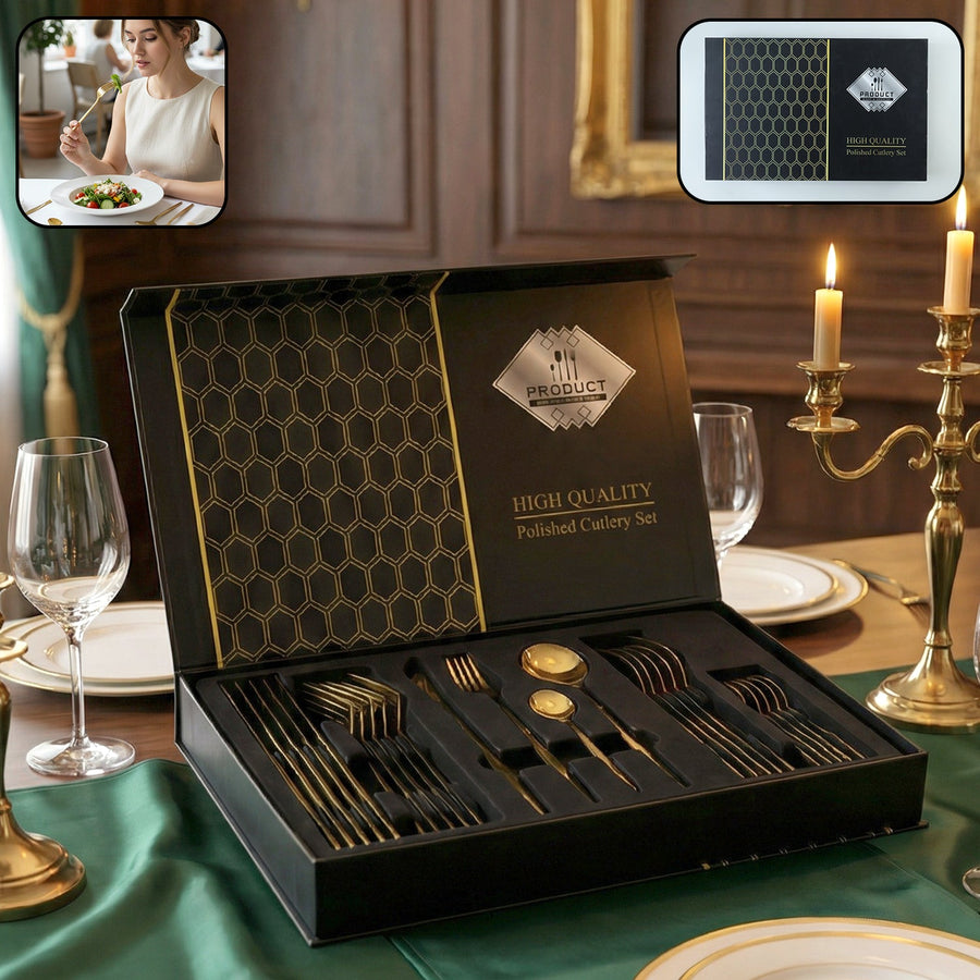 Stainless Steel Cutlery Set – Elegant Gold Finish for Dining & Gifts