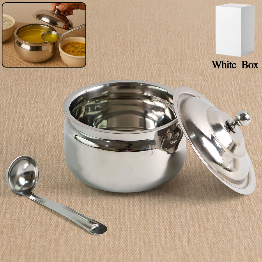 Stainless Steel Ghee Pot with Lid & Spoon – Mirror Finish