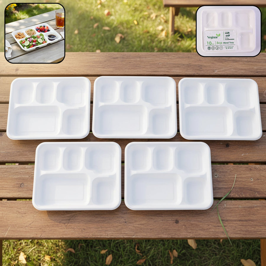 Compostable Bagasse Meal Tray – 5 Compartments, Eco-Friendly 10 Pcs