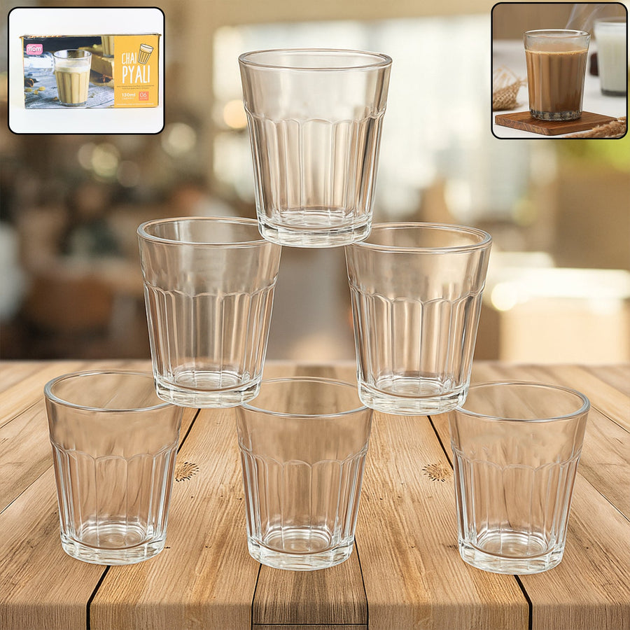 Chai Pyali Glass Set – 6 Pcs Transparent Unbreakable 130ml