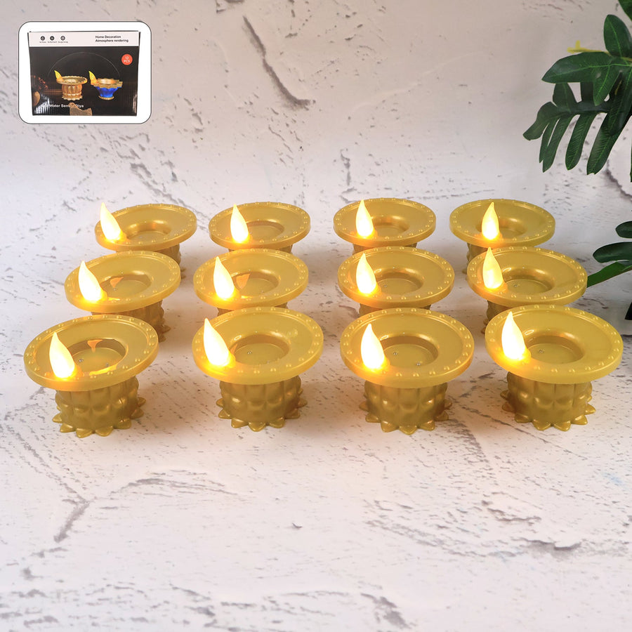 Water Sensor LED Diyas – Set of 12 Flameless Golden Lights