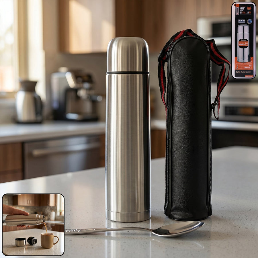 Stainless Steel Vacuum Flask – 1000ML with Carry Bag & Spoon