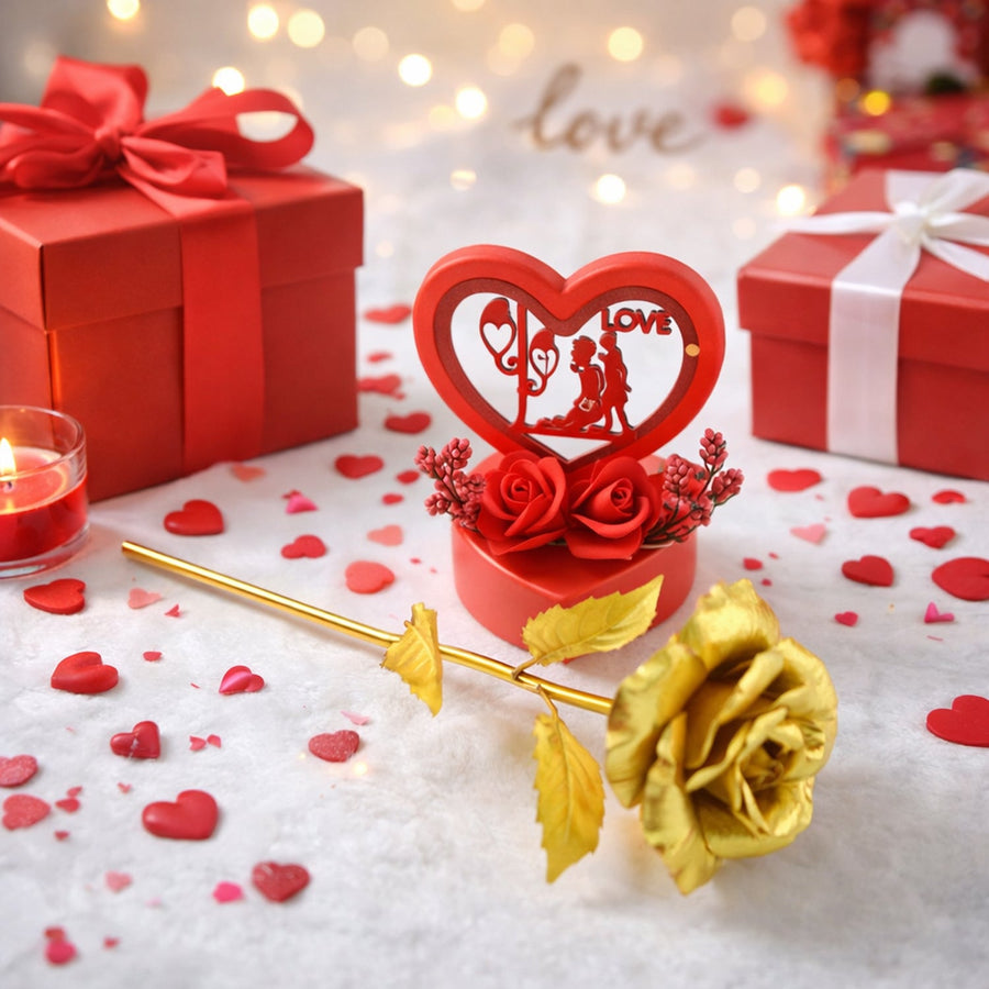 Heart Love Decorative Showpiece – Elegant Golden Rose Gift Set