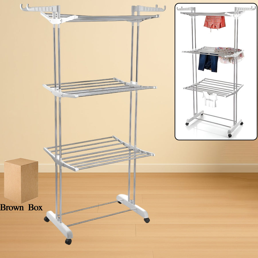 Cloth Drying Stand – 3-Tier Foldable Stainless Steel with Wheels