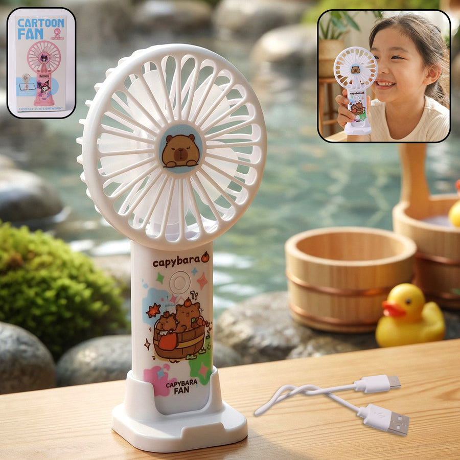 Rechargeable Handheld Fan – Cute Cartoon Capybara with USB Stand