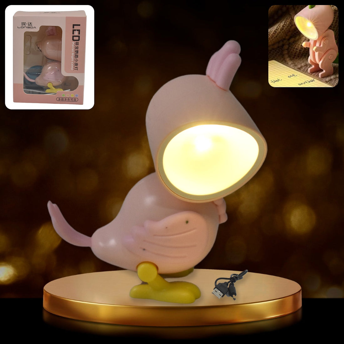 Magnetic Parrot Night Lamp glowing on a bedside table.
