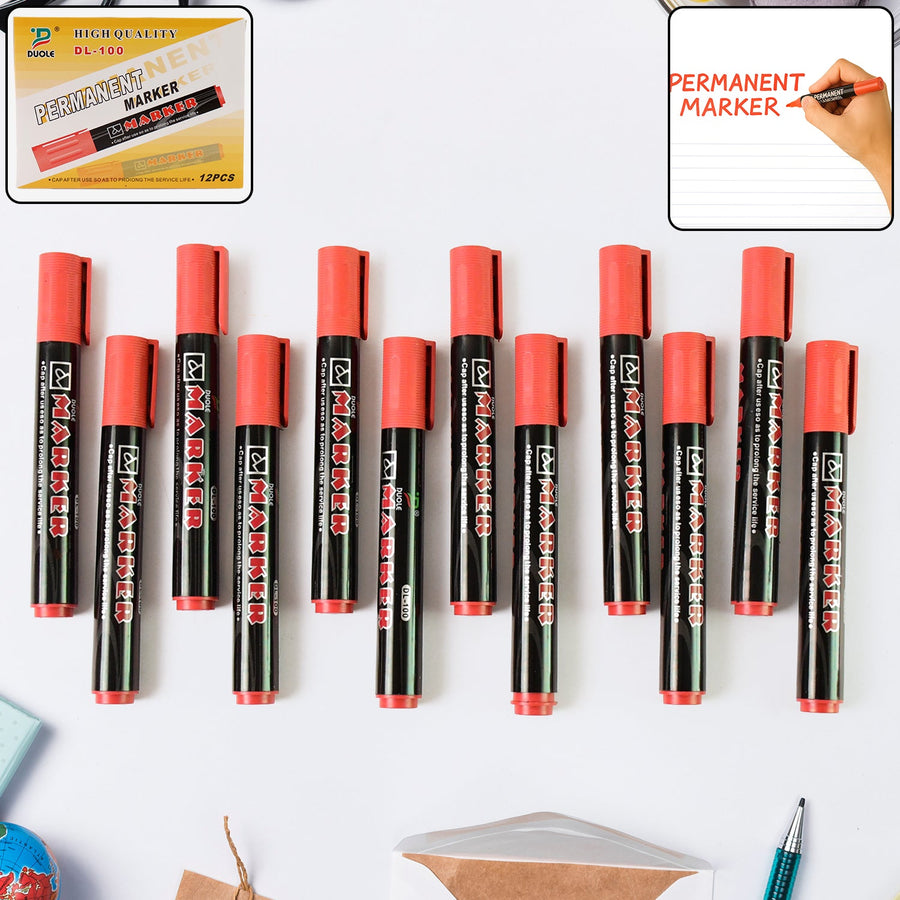 Permanent Red Marker Pen Set – Vibrant Waterproof Ink, 12-Pack
