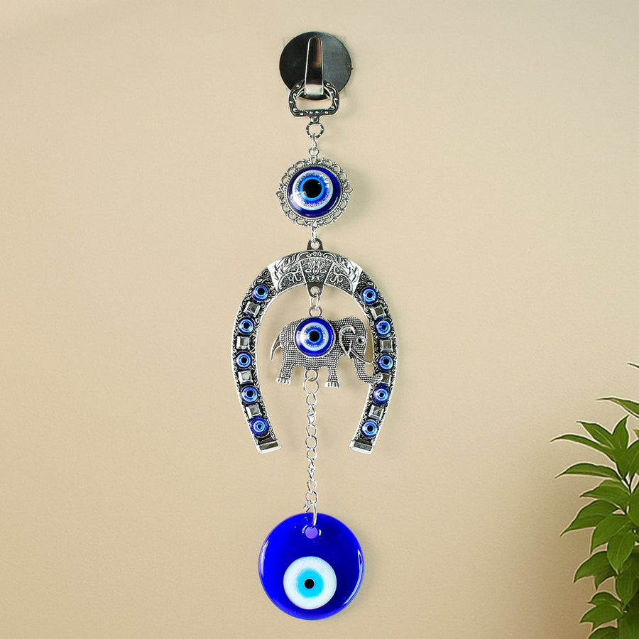Evil Eye Hanging with Elephant & Horseshoe – Protective Wind Chime