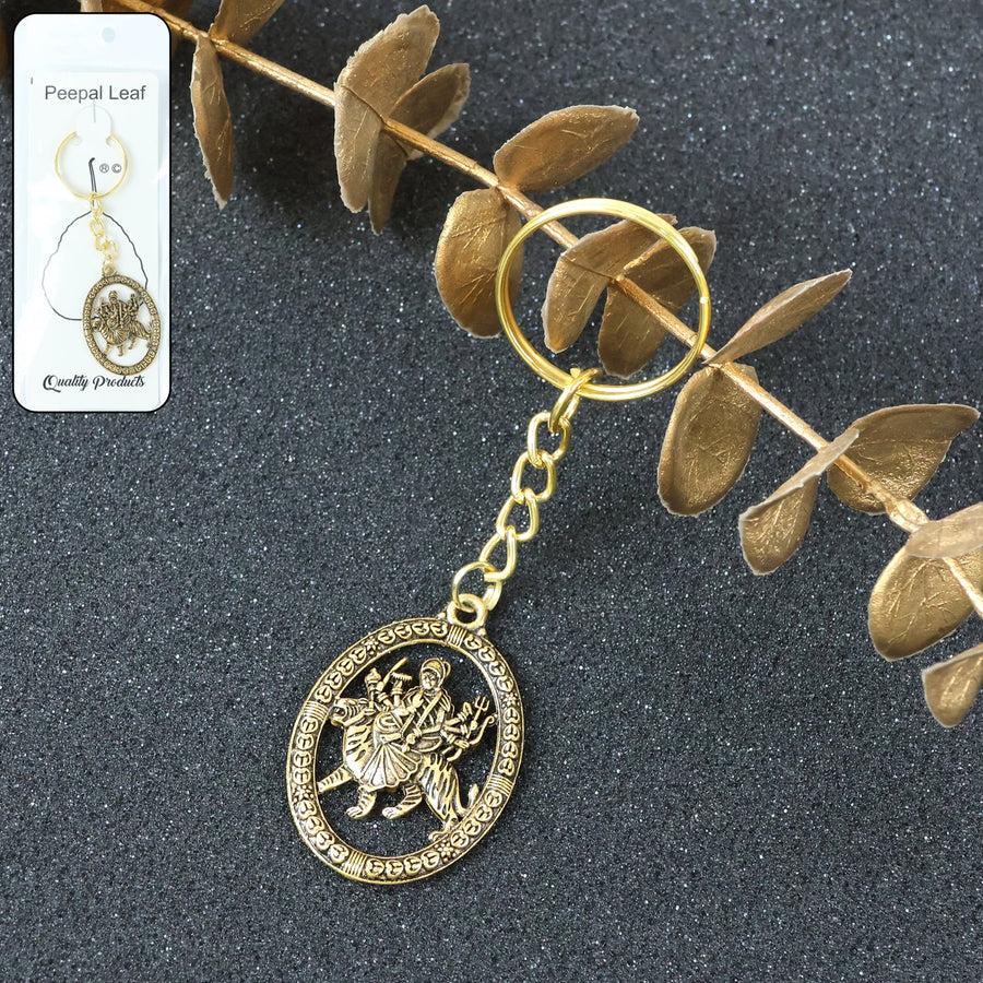 Maa Durga Golden Oval Frame Keychain – Spiritual Protection