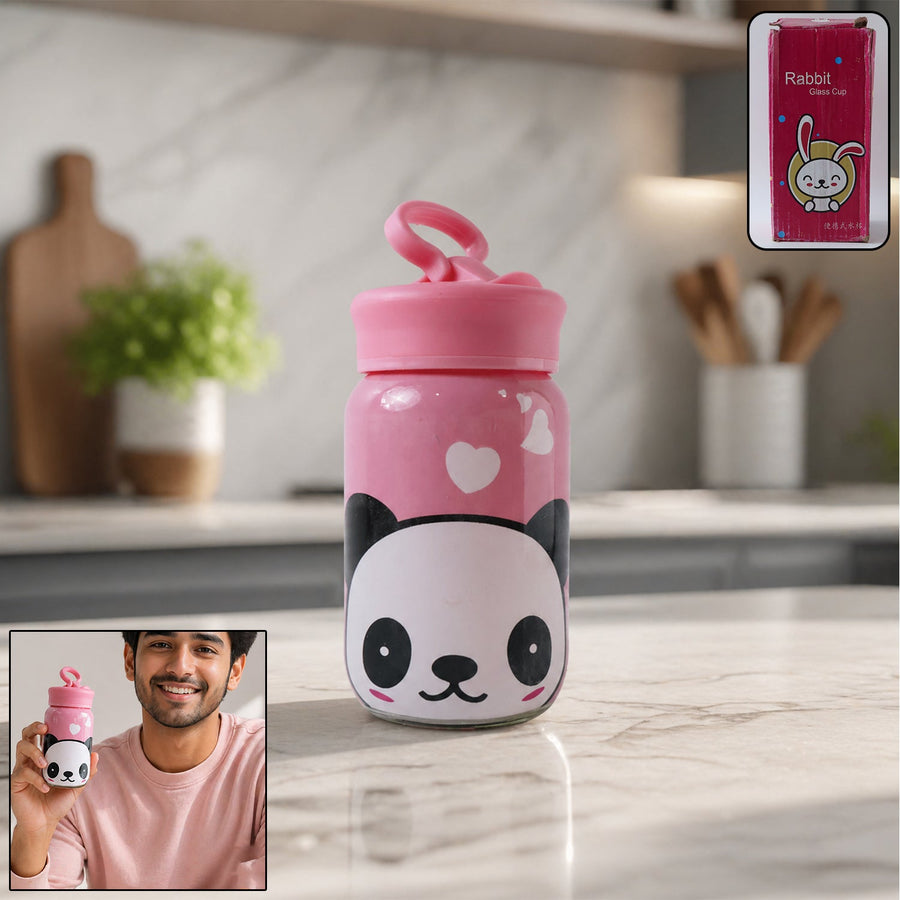 Glass Drinking Bottle – Durable & Cute Cartoon Design