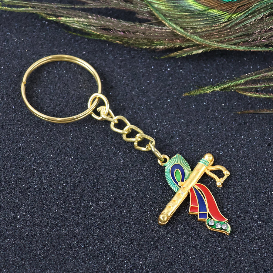 Krishna Flute Keychain – Durable Metal with Peacock Feather Design