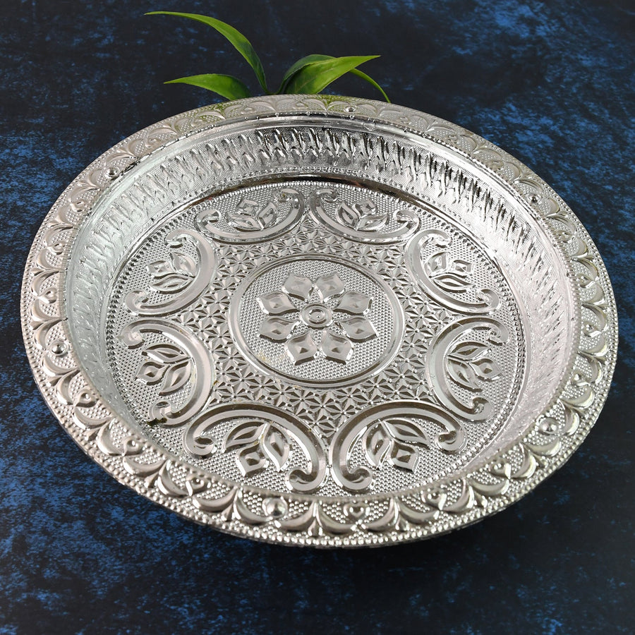 Silver Finish Plastic Pooja Thali – Lightweight & Durable
