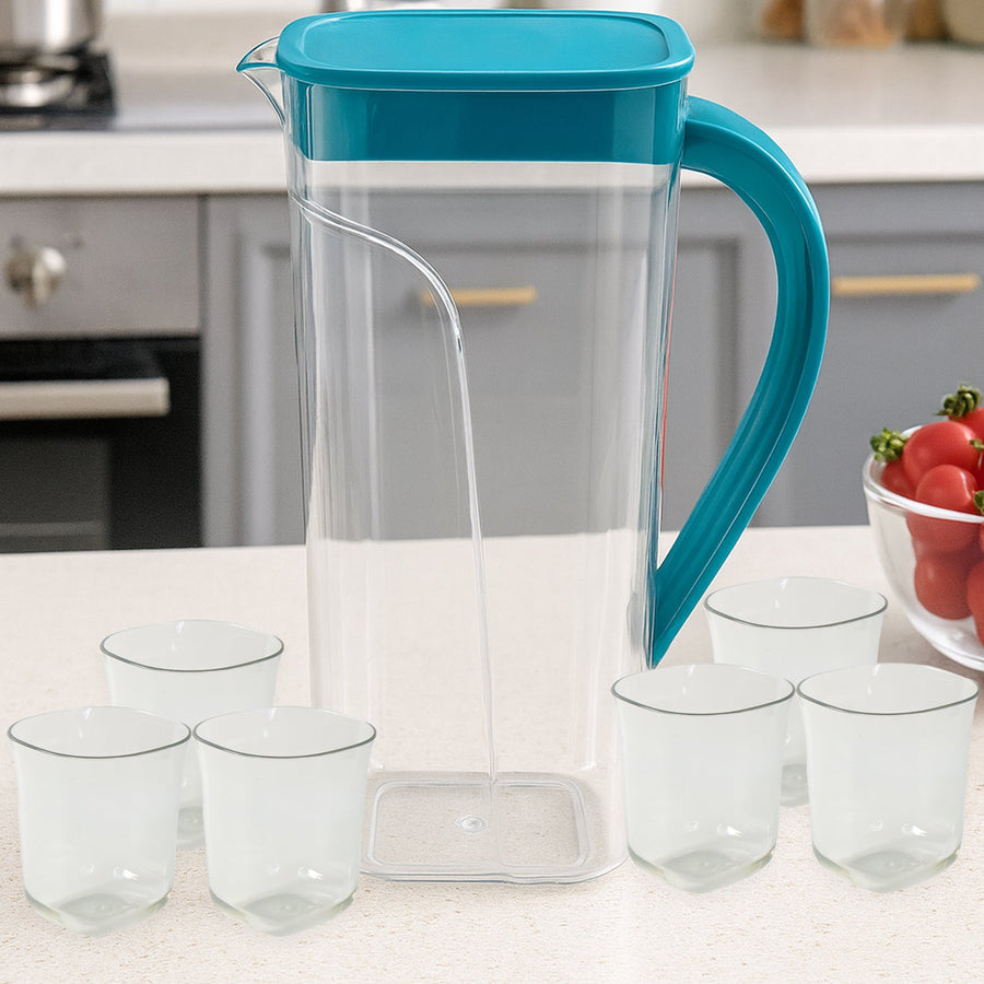 Plastic Jug with 6 Glass Set – 1.5L Unbreakable & Elegant
