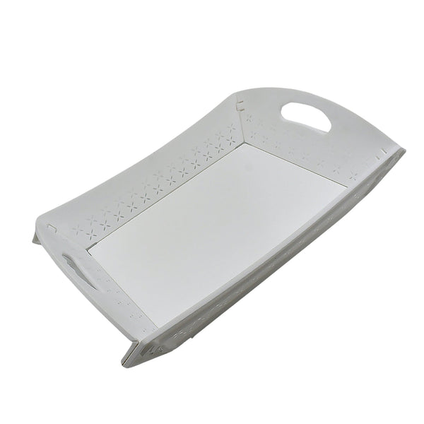 White foldable serving tray with handle, ideal for kitchen and dining, displayed on a clean background.