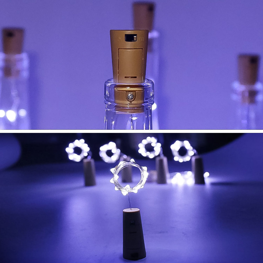 A glowing wine bottle cork string light with multi-color LEDs, perfect for festive decor.