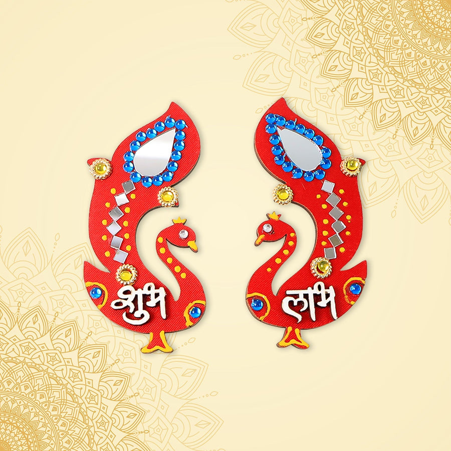 Shubh Labh Wall Hanging – Traditional Peacock Wooden Décor Set