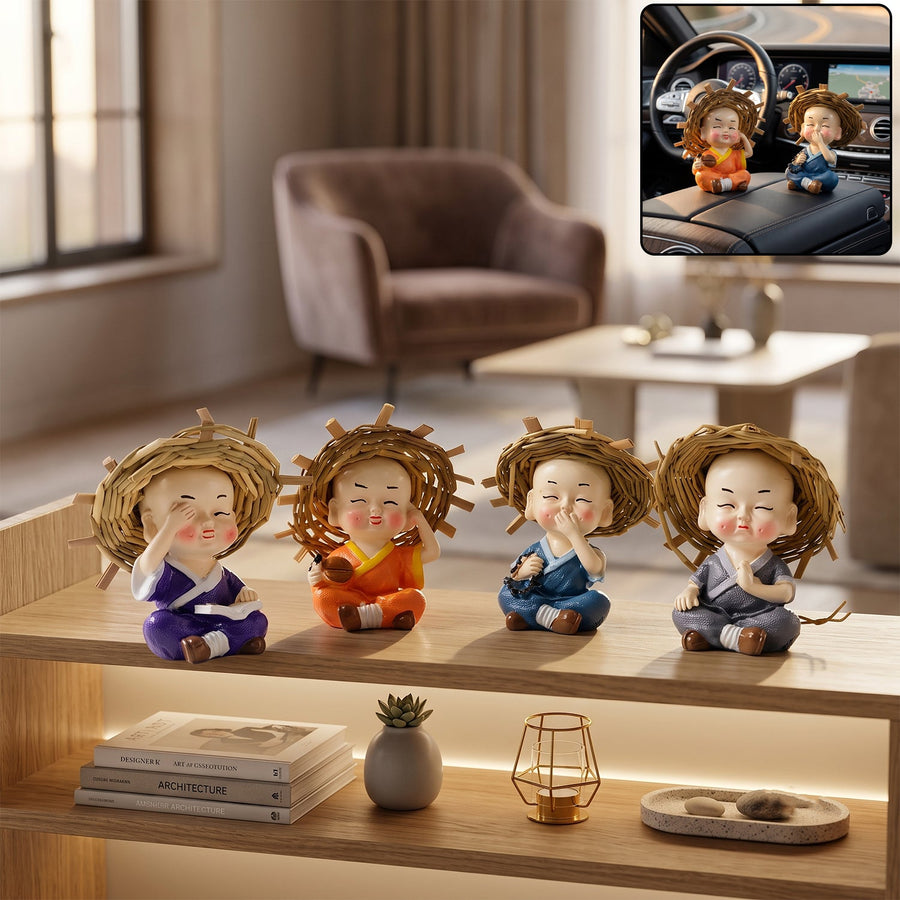 Baby Monk Buddha Decorative Figurine Set for Car Dashboard and Home Decor (4 Pc)