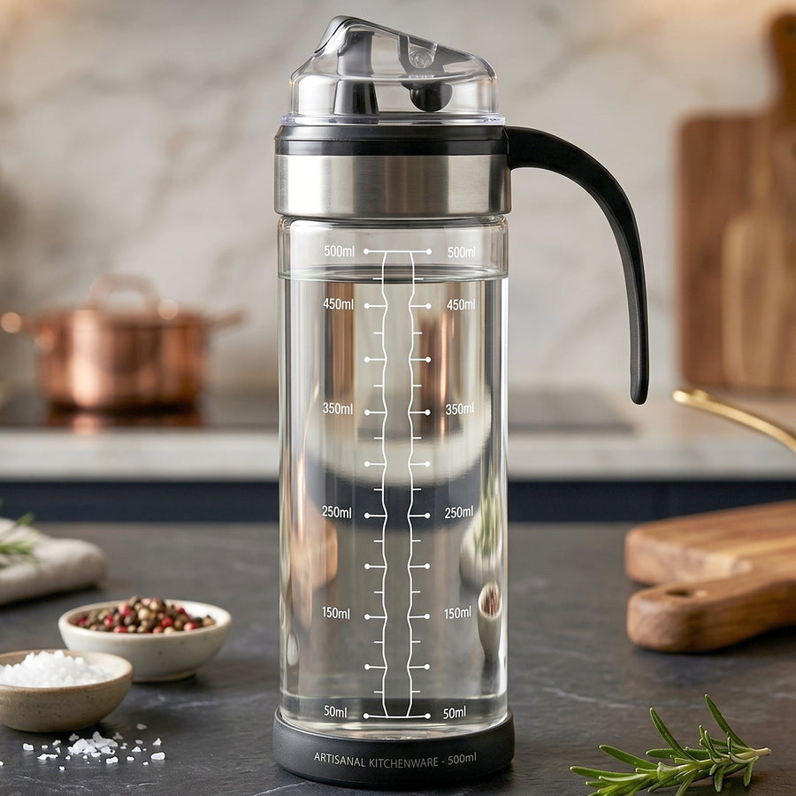 Glass Oil Dispenser Bottle – Leak-Proof, Auto Flip Lid & Handle