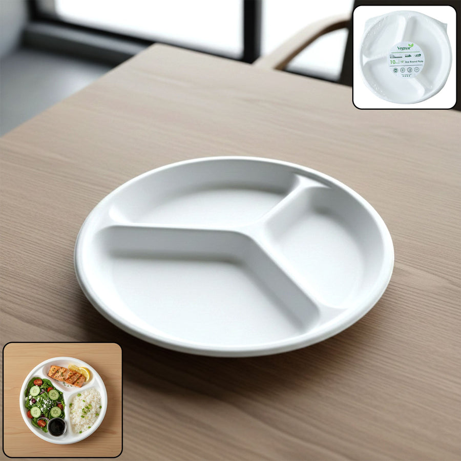 Compostable 10 Inch 3-Compartment Bagasse Plate – Leak-Resistant & Eco-Friendly