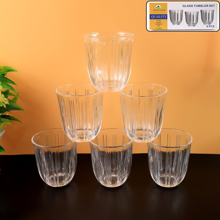 Glass Tumbler Set – Elegant Ribbed Design, 256 ml, 6 Pcs
