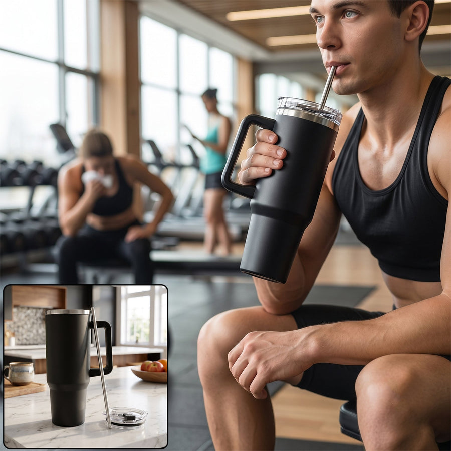 Konvex Hydra Insulated Travel Tumbler 1200 ML with Handle Straw Black (1 Pc)