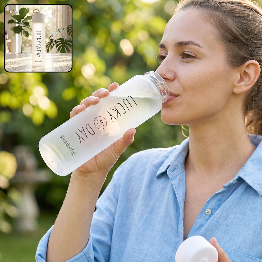 350 ML Frosted Glass Water Bottle Lucky Day Print for Office Travel (1 Pc)