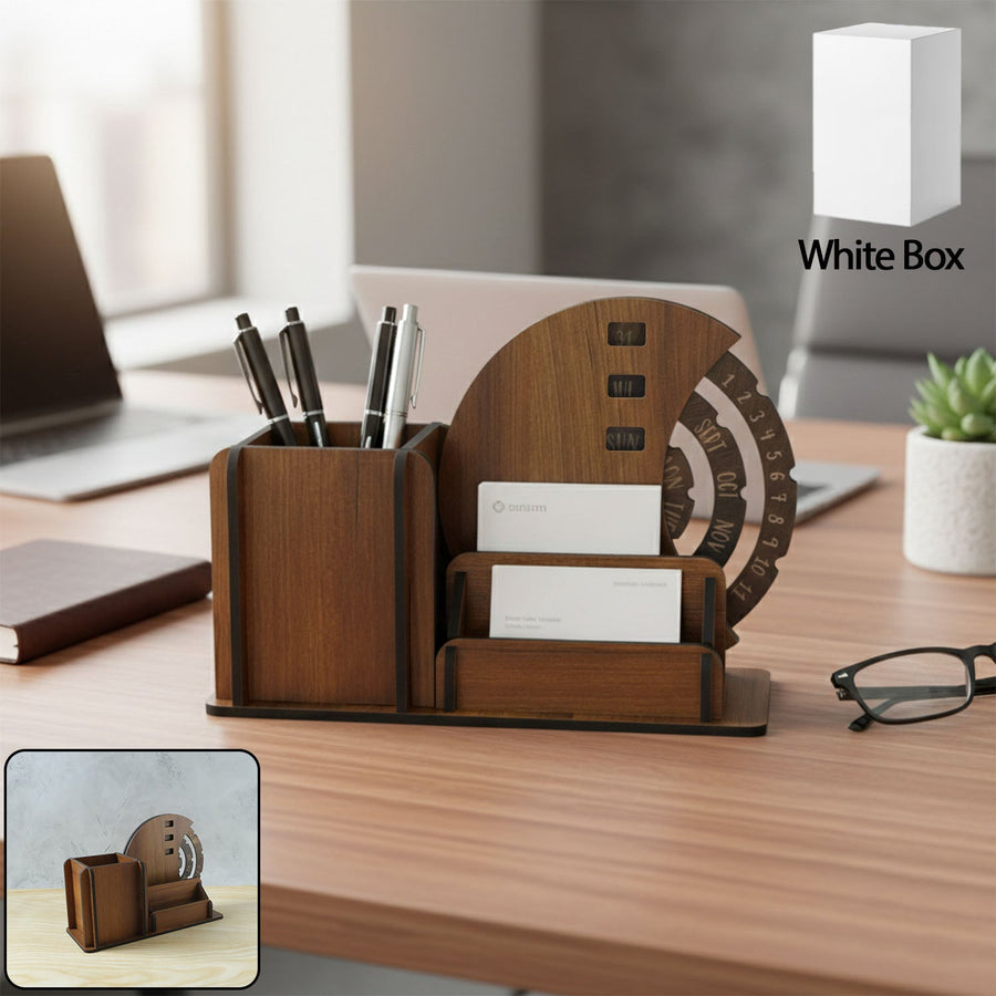 Wooden Desk Organizer with Rotating Calendar for Office