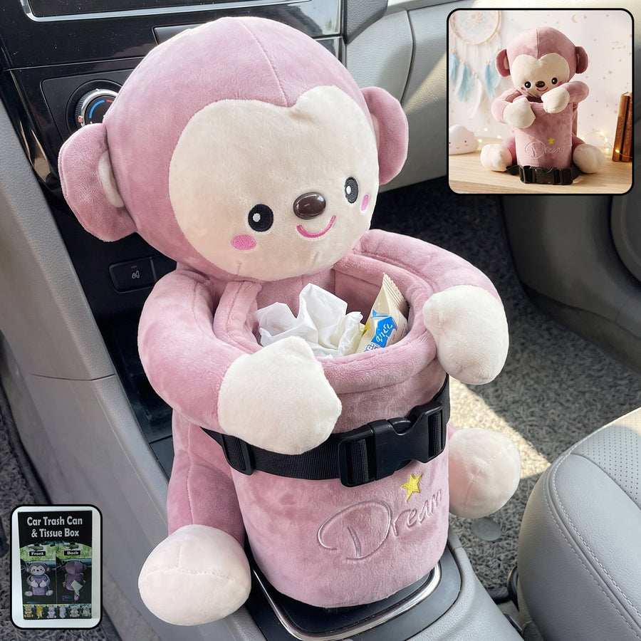 Car Trash Can and Tissue Box Holder Cute Plush Monkey Dustbin Organizer (1 Pc)