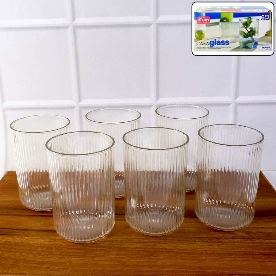 Plastic Glass Set – 6 Tall Ribbed 300ml Unbreakable Glasses
