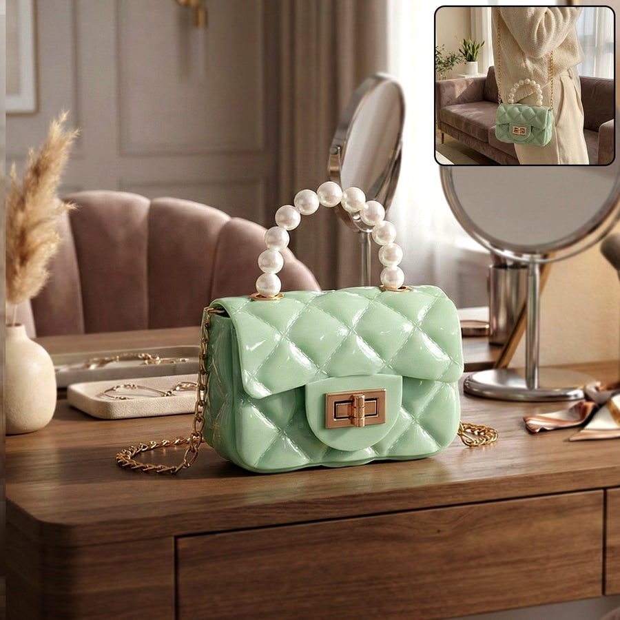 Quilted Mini Handbag – Elegant Pearl Handle & Chain Strap