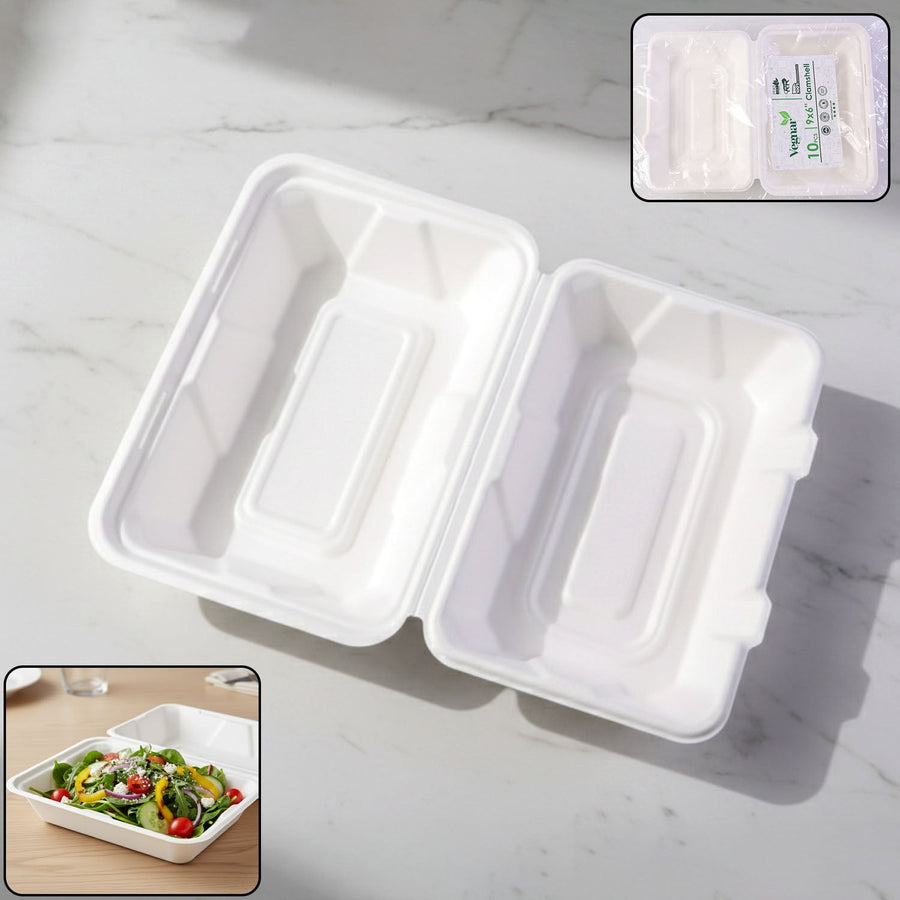 Bagasse Clamshell Food Box – Eco-Friendly 9x6 Inch Disposable Set
