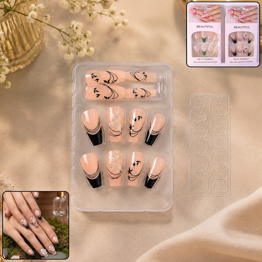 Burgundy Artificial Press-On Nails – Reusable Floral Set (Mix Design)