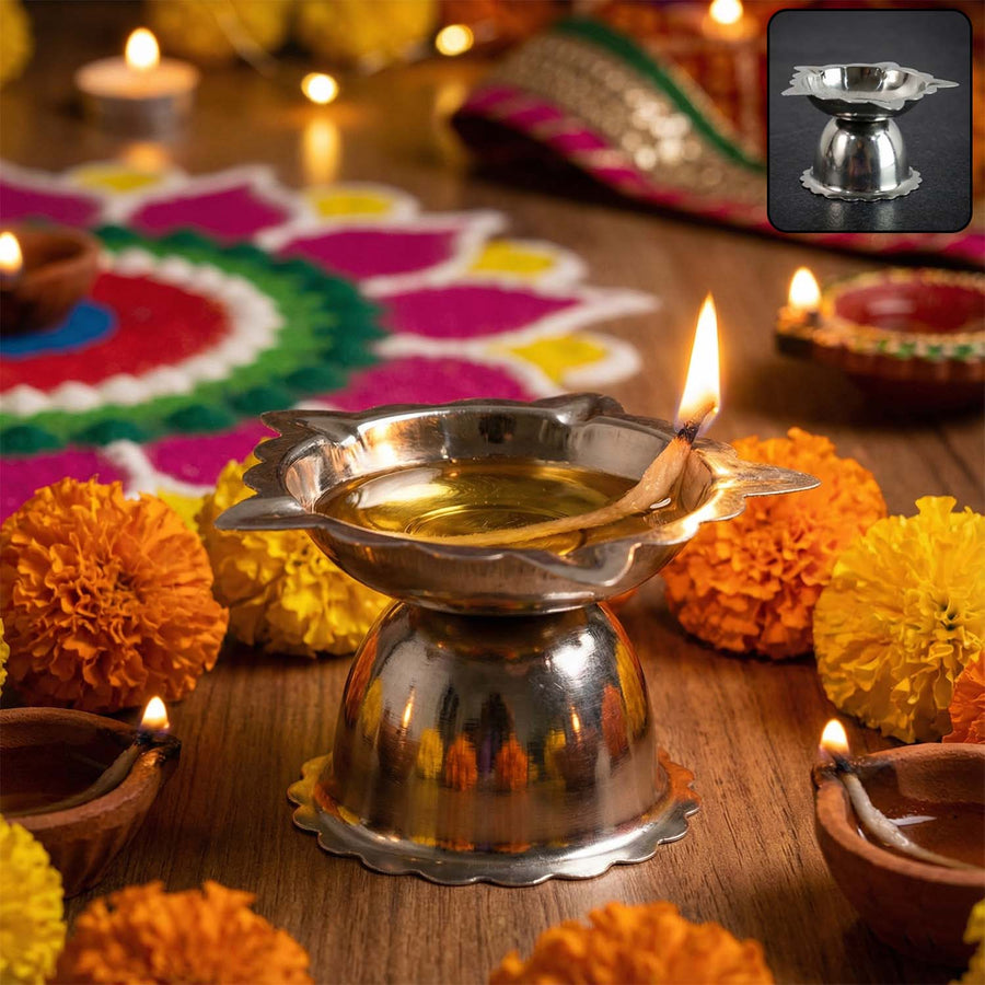 Sunflower Design Stainless Steel Diya Stand – Small Durable Pooja Lamp
