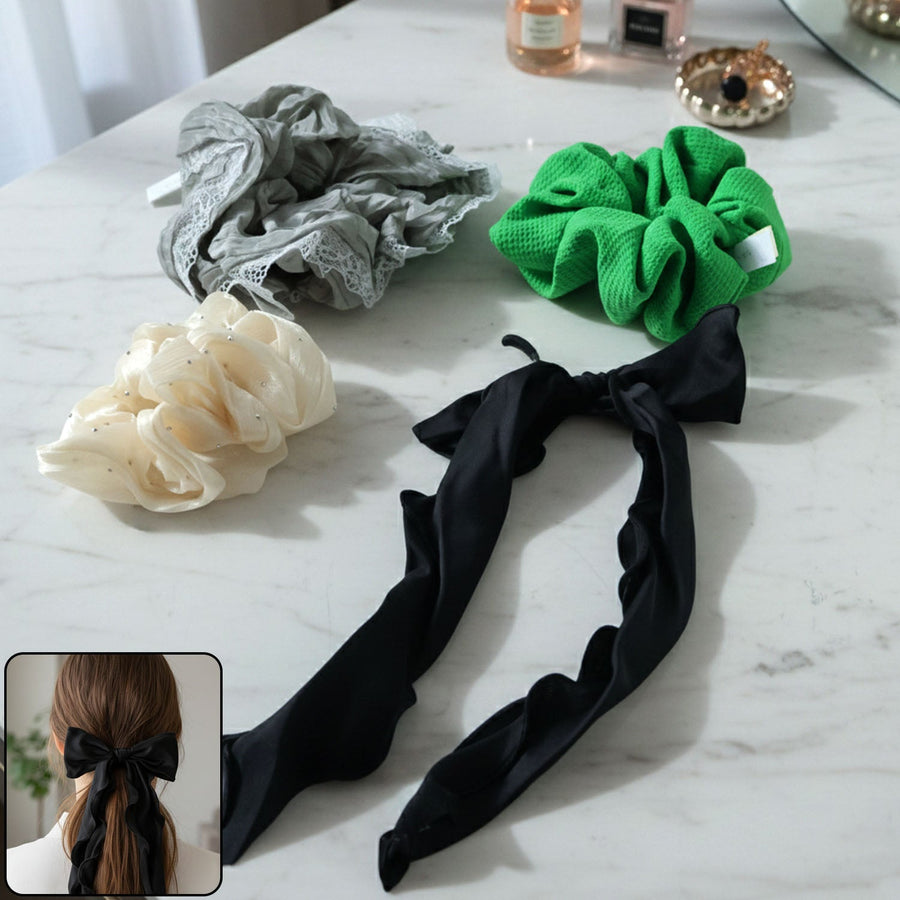 Fabric Hair Scrunchie with Bow Tie – Soft, Stylish Hair Accessory