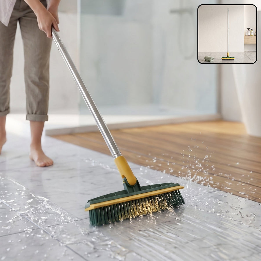 2 In 1 Long Handle Floor Scrubbing Brush with Wiper for Bathroom (1 Pc)