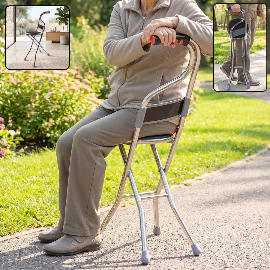 Folding Walking Stick with Seat and Backrest 4 Leg Cane Stool Chair (1 Pc)