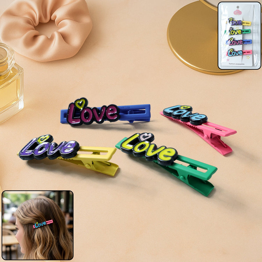 Decorative Hair Clip Set – Stylish Text Design, Pack of 4