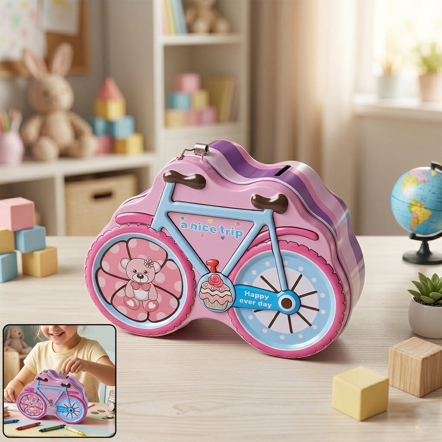 Bicycle Shape Piggy Bank – Colourful Kids’ Saving Toy with Lock