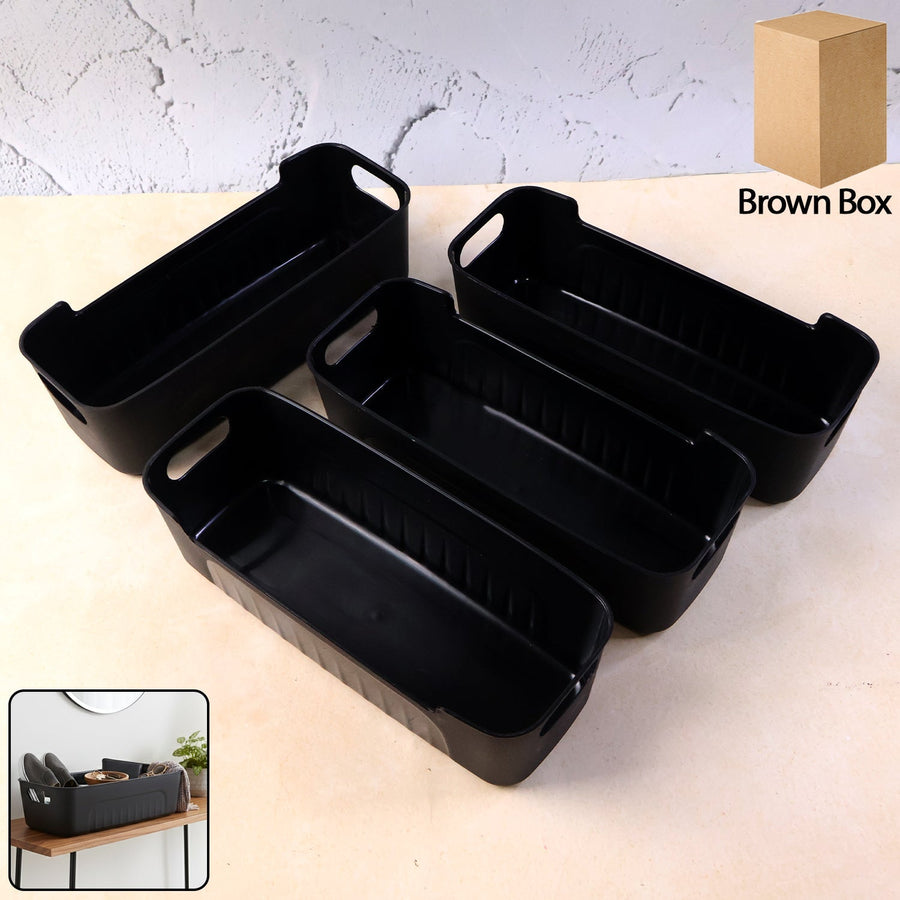 Black Plastic Storage Basket Tray – 4-Piece Stackable Organizer