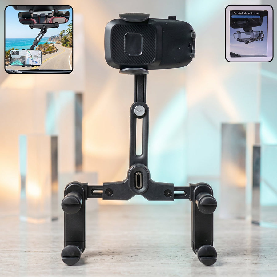 Car Rear View Mirror Phone Holder – 360° Adjustable & Retractable