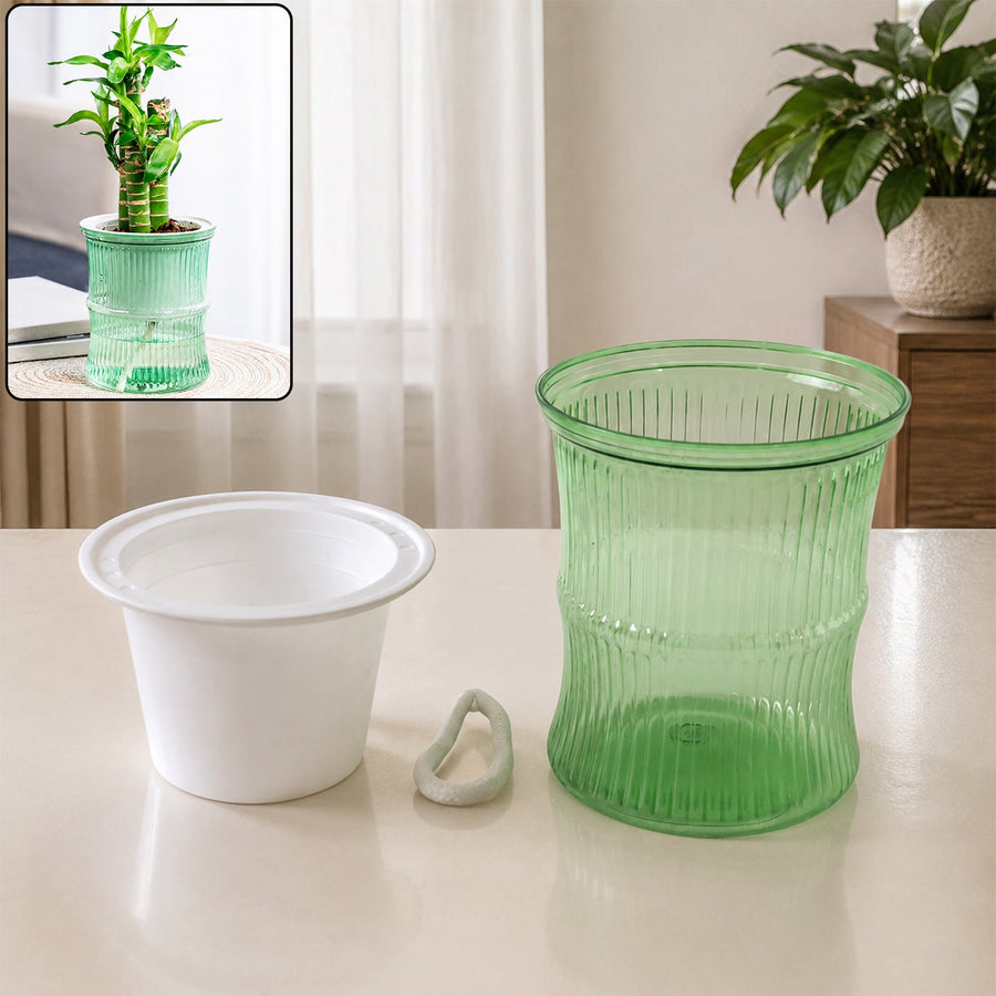 Self-Watering Bamboo Style Plastic Flower Pot – Easy Indoor Plant Care