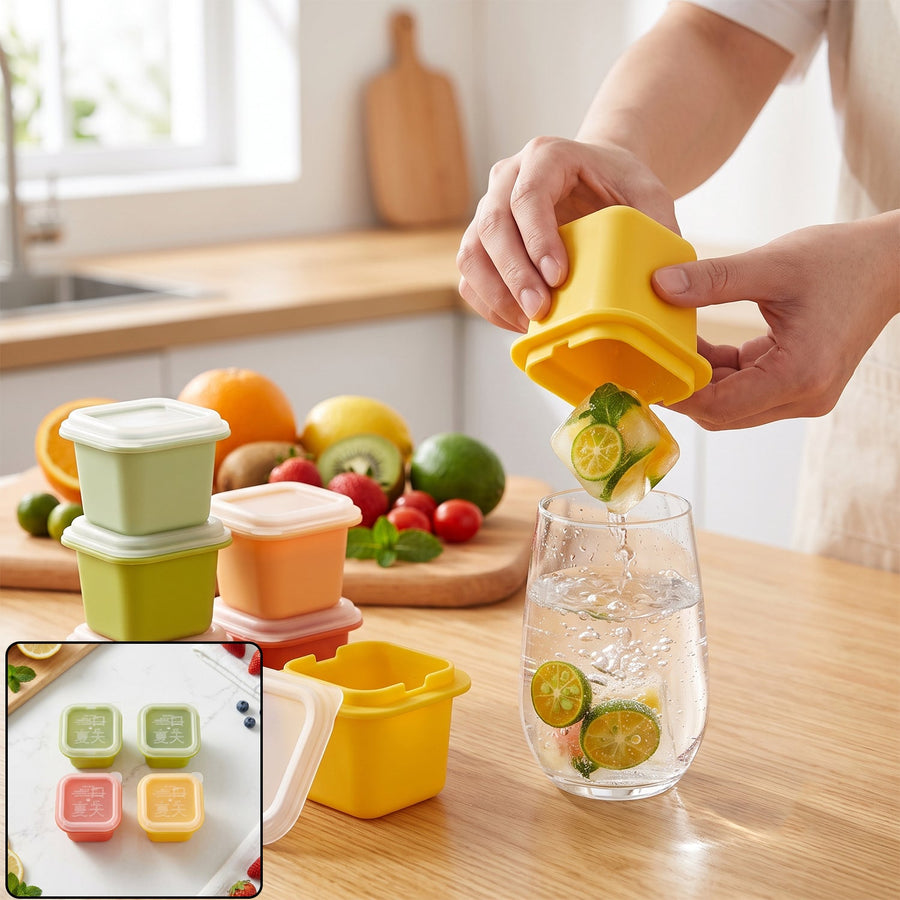 Square Ice Cube Mould Set with Lids Multicolor for Drinks and Cocktails (4 Pc)
