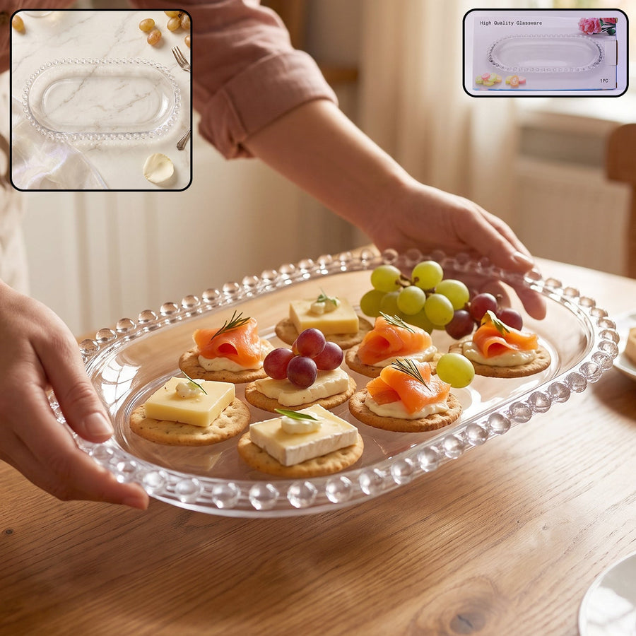 Transparent Glass Serving Tray 9 Inch Oval Beaded Edge Platter for Snacks (1 Pc)