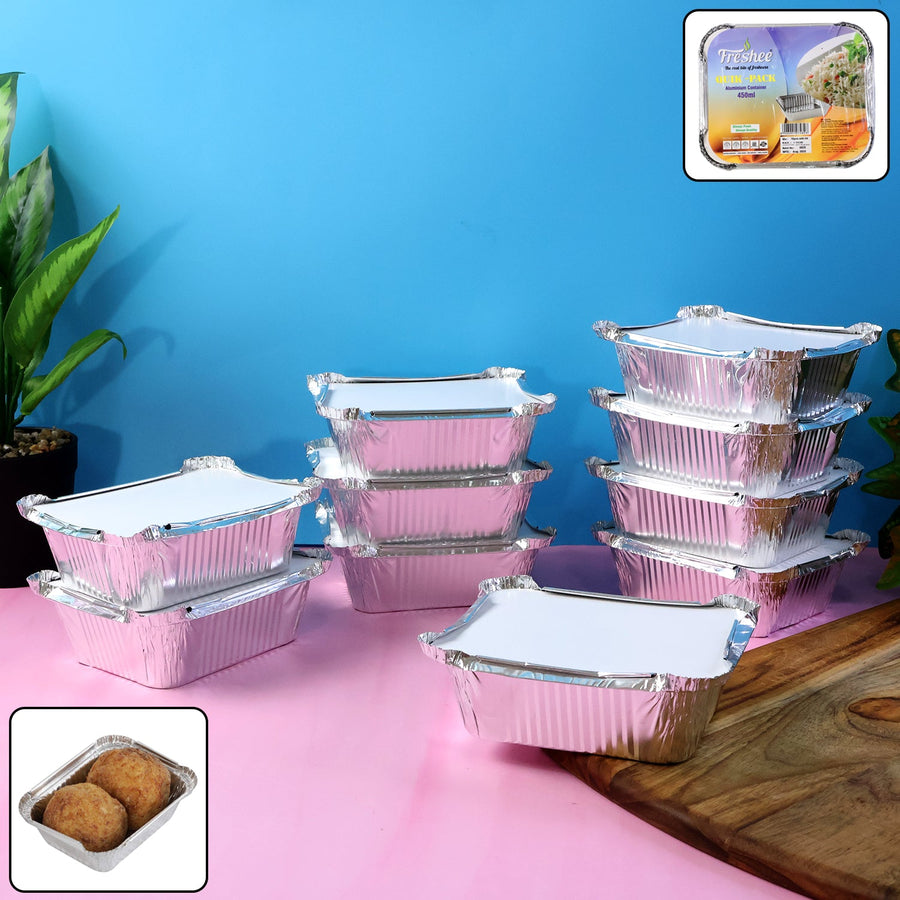 Aluminium Food Container with Lid – 450 ml Leak-Resistant 10 Pc