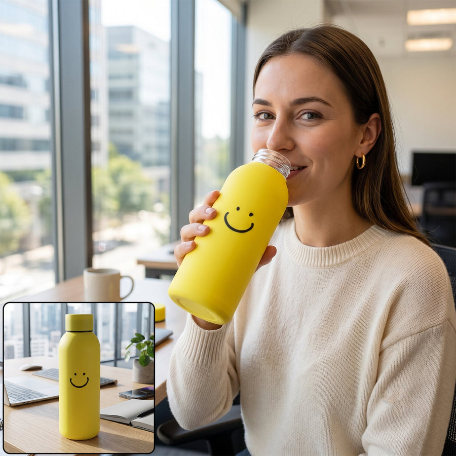 400 ML Smiley Face Glass Water Bottle with Silicone Sleeve for Office (1 Pc)