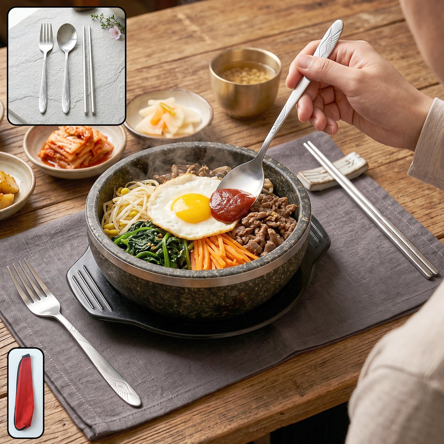 Portable Stainless Steel Cutlery Set Fork Spoon Chopsticks Pouch (4 Pc Set)