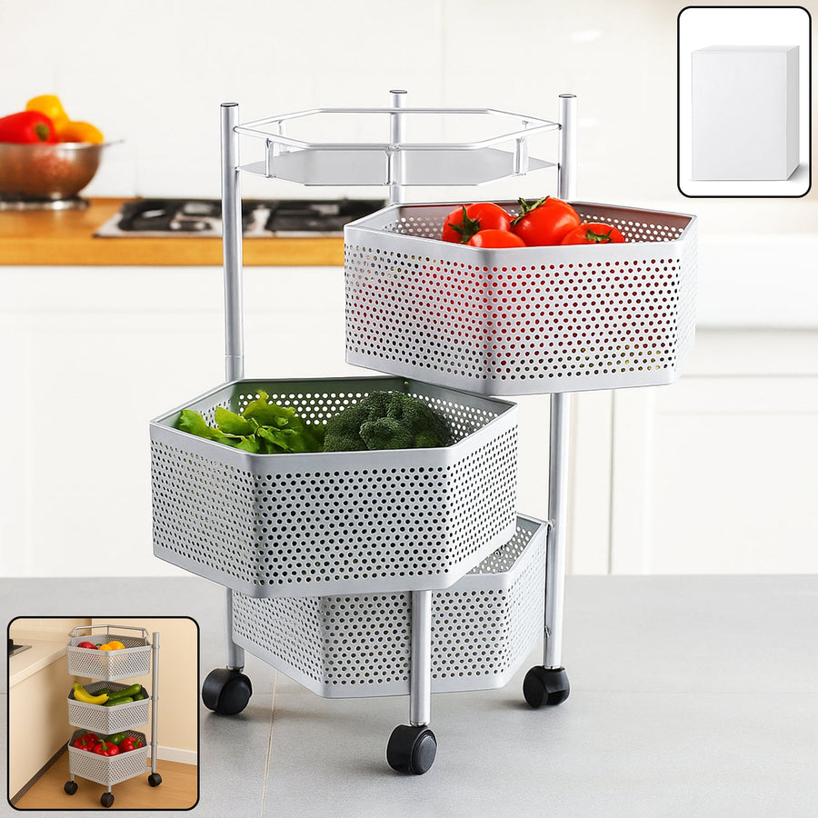 Kitchen Storage Trolley – Premium 3-Layer Hexagon Metal Organizer with Wheels