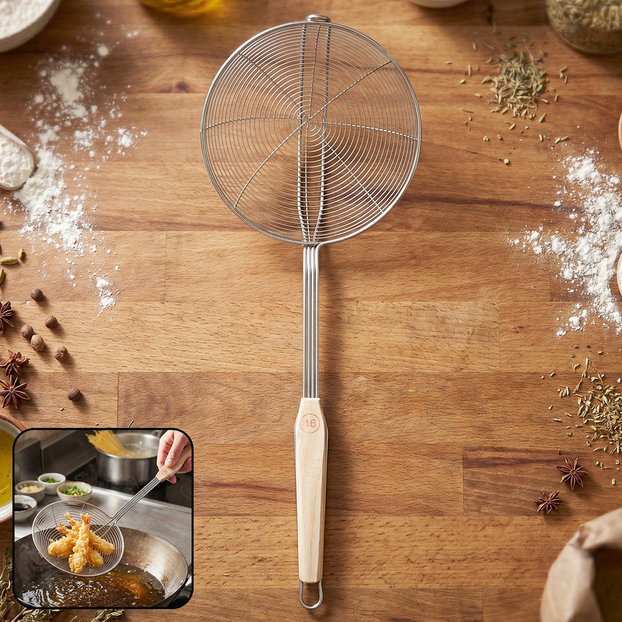 Stainless Steel Frying Skimmer – Long Handle for Safe Cooking